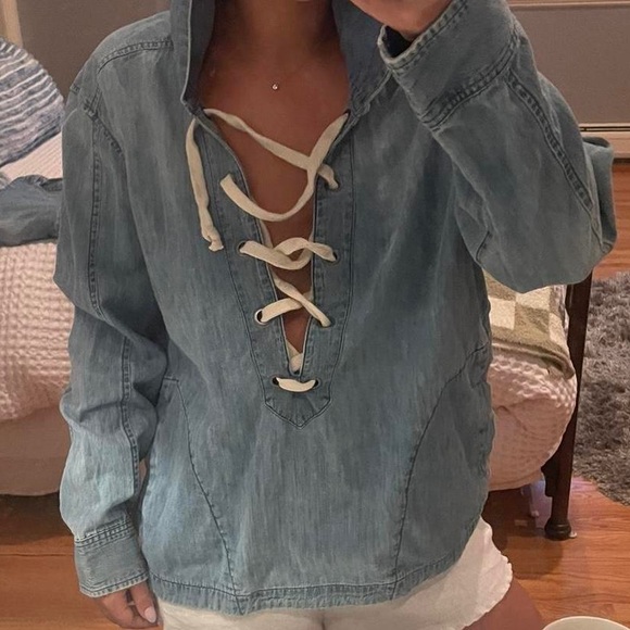 AMERICAN EAGLE LACE FRONT DENIM HOODED PULLOVER TOP - Picture 7 of 7